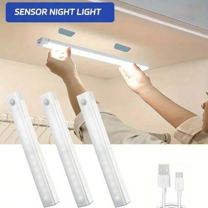 Đèn tủ LED sạc USB, cảm biến chuyển động, 3 chế độ điều chỉnh, đèn ngủ dán từ tính, thích hợp cho tủ quần áo và tủ, chiếu sáng trong nhà có chức năng đèn ngủ