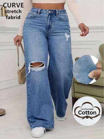 Plus Size Women Elastic Distressed Denim Wide Leg Jeans