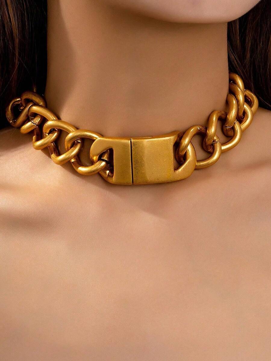 1 chiếc vòng cổ choker bản to màu vàng đồng dành cho nữ, có khóa nam châm. - Vàng - Xem 1