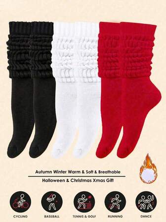 1/3/6 Pairs Of Women's Autumn And Winter Casual Knitted Socks, Soft Black, White And Red, Warm, Comfortable And Breathable, Fashionable Compression Socks, Perfect Gifts For Hiking, Returning To School, Halloween And Christmas, Y2k