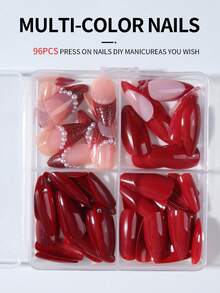 96pcs (4mixed ) Almond Red Tip Press On Nails, Red Cat's Eye French Acrylic Nail Tips Full Cover False Nail Tips Press On Nails ,Contain 1pc Jelly Glue And 1pc Nail File,With Storage Box As For Suitable For Women And Girls Daily Life And Party Use