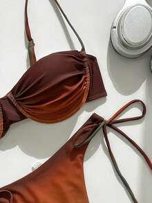 Stylish Sexy Ombre Ruched Two-Piece Bikini Set, Summer - Coffee Brown - View 5