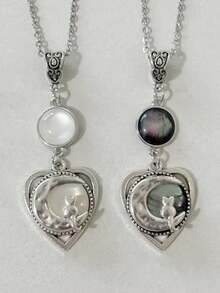 1pc Vintage Gothic Heart-Shaped Cat & Moon Pendant Necklace, Jewelry Gift Suitable For Women Everyday, Party, Travel