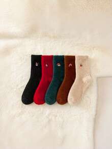 5 Pairs Fluffy Christmas Socks For Women, Mid-Calf, Warm Lining, Suitable For Autumn/Winter, Home & New Year Floor Socks - 彩色 - 查看 11