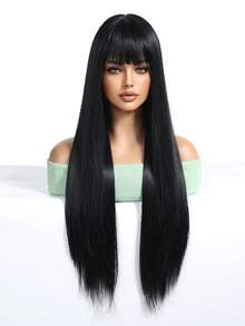 14-34 Inch Women's Black Wig Natural Black Wig With Bangs,Straight Wigs For Women, Wednesday Wig 65.3cm Long Straight Heat Resistant Synthetic Wig For Fashion Women Goth Y2K Style - Black - View 14