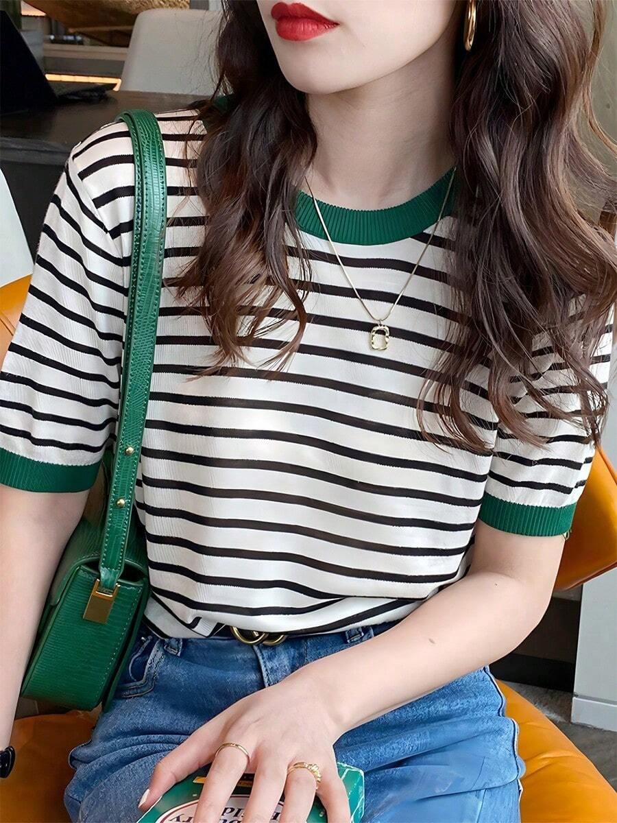 Top de rayas para mujer,Camiseta de punto con cuello redondo estampado,Camiseta de manga corta casual sencilla y versátil - Verde - Ver 1