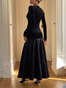 Robe de soirée élégante pour femmes PoPoHouse, avec un design de patchwork en satin de velours luxueux et mince, une robe longue. Tenues de la Saint-Valentin pour femmes, tenues de printemps pour femmes