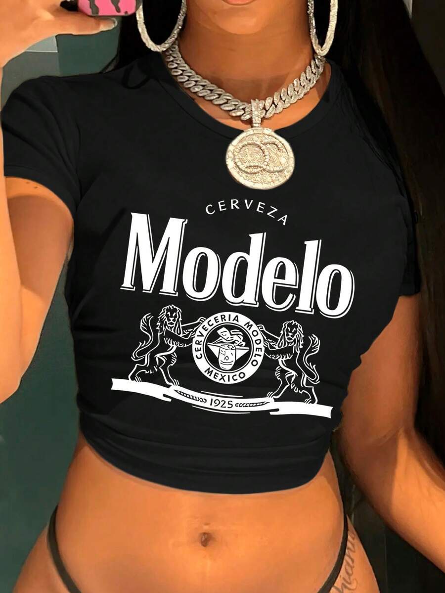 Women's Y2K Style Graphic Crop Top T-Shirt - Short Sleeve, Light Gray, "Cerveza Modelo" Print, Polyester Blend, Spring/Summer Top, Machine Washable, Versatile Crop Top | Graphic Print Top | Cropped Blouse - 黑色 - 查看 1