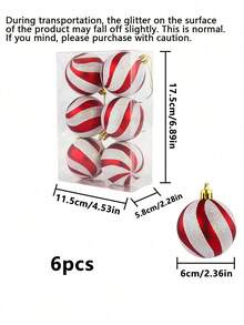 6 Stück Weihnachts-Kugeln mit rot-weißen Streifen, Kunststoff-Ornamente mit glitzerndem S-förmigem Streifendesign, langanhaltend und geeignet für Weihnachtsbaum-Dekorationen, Weihnachtsparty-Dekorationen, Hochzeitsdekoration, Geburtstagsparty-Dekoration, Innen- und Außenbereich, Gartendekoration, Fensterdekorationen, Weihnachtsdekorations-Zubehör