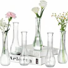 Vaso pequeno de vidro vintage francês com gargalo longo e pequena abertura, vaso de flores hidropônico transparente, item de decoração de mesa, simples e criativo, vaso de vidro transparente, toque sofisticado, vaso de flores rosas, Istyle, item de decoração de arranjo de flores para sala de estar.