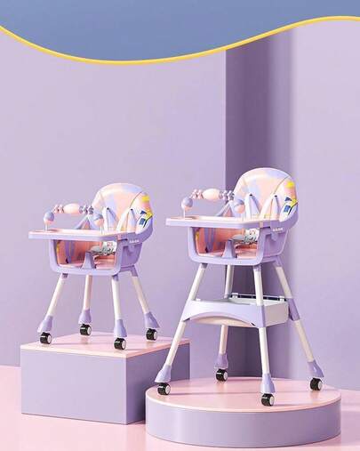 Silla de lactancia plegable multifuncional para bebés, trona para niños 6 en 1, silla de comedor y juego plegable con bandeja doble, ruedas desmontables, estante para juguetes e inclinación (rosa y morado)