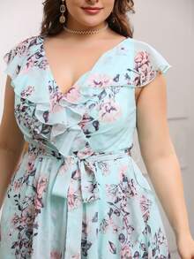 UNITHORSE 不定位花朵V领荷叶边可拆卸领带不对称荷叶边下摆印花伴娘礼服 - 淺藍色 - 查看 3