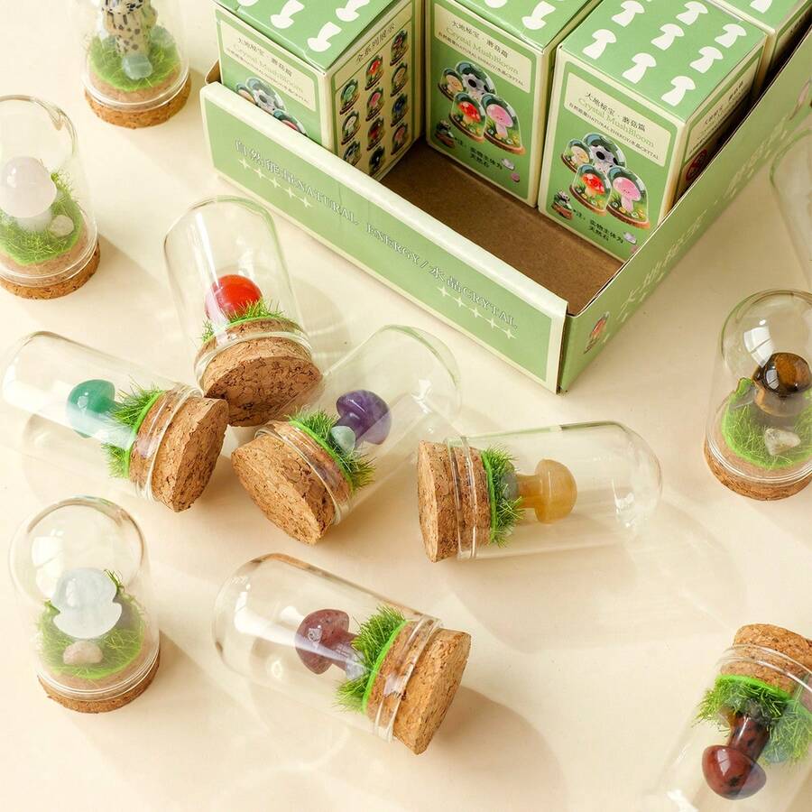 天然疗愈宝石脉轮水晶蘑菇套装盒 - 能量矿物家居装饰七脉轮疗愈水晶装饰圣诞礼物 - 菇礦標瓶 - 查看 1