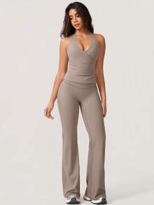 NcmRyu 1 Set Women's Sexy Halter Deep V-Neck Backless Shaping Flared Sports Suit - Grey - View 6