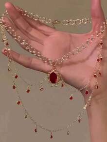 1pc Bohemian Style & Elegant Emerald Green Pendant Necklace For Women, Faux Pearl Oval Pendant Necklace With Sparkle Design, Suitable For Party, Casual Wear And Gift Giving - Ngọc trai - Xem 4