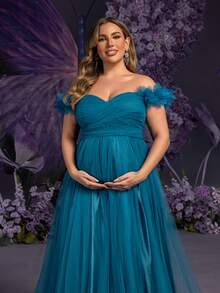 Faeriesty Dressalisa Elegant Off-Shoulder Maternity Evening Dress With Feather Accents - Flowy Sheer Fabric For Spring/Summer Weddings, Baby Showers, Galas & Photo Shoots - Teal Blue - View 8
