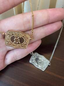 1pc Fashionable English Initial Embossed Beaded Chain Necklace, Suitable For Daily Wear, Best Jewelry Gift Choice For Women And Men (Hat Sold Separately) - Belt Buckle Letter Necklace - View 7