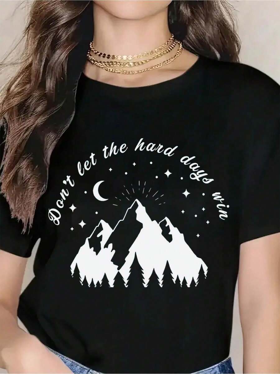Don't Let The Hard Days Win Mountain Sunset T-Shirt For Women - Inspirational Quote Graphic Tee With Moon Stars Design, Casual Summer Top For Outdoor Adventure, Gift For Her - 黑色 - 查看 1