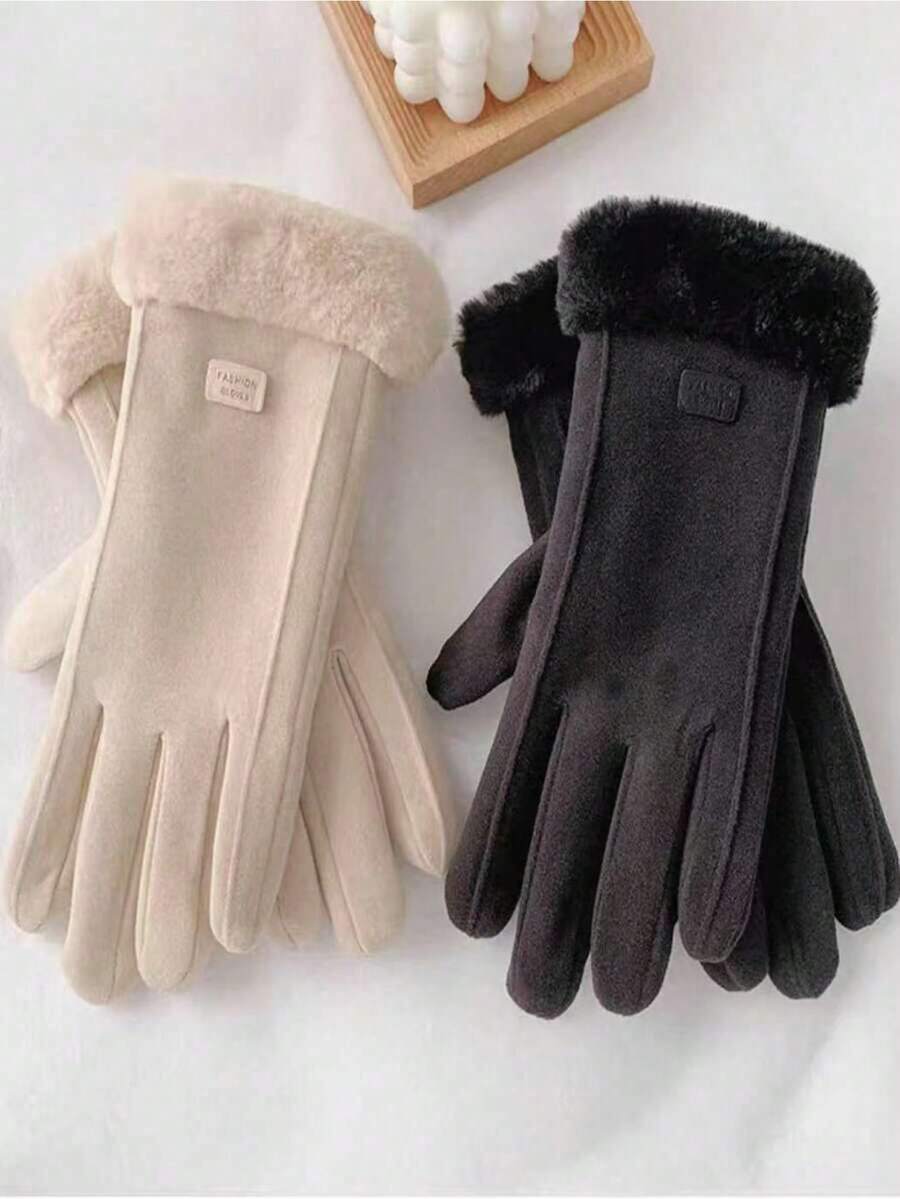 2 Pairs Thermal Lining Cycling Gloves For Women, Warm Winter Gloves For Biking Autumn Accessories - Đen + Be - Xem 1