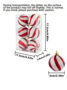 6 Stück Weihnachts-Kugeln mit rot-weißen Streifen, Kunststoff-Ornamente mit glitzerndem S-förmigem Streifendesign, langanhaltend und geeignet für Weihnachtsbaum-Dekorationen, Weihnachtsparty-Dekorationen, Hochzeitsdekoration, Geburtstagsparty-Dekoration, Innen- und Außenbereich, Gartendekoration, Fensterdekorationen, Weihnachtsdekorations-Zubehör