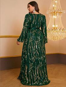 YISIKADO Plus Size Women Sequin Cross V-Neck Long Sleeve Evening Gown - Màu xanh lá cây đậm - Xem 2