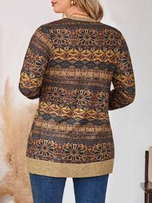 Bohemian Retro Print V-Neck Cardigan, Comfortable Stretchy Knit, Casual Plus Size Women Knitted Cardigan, Spring/Autumn