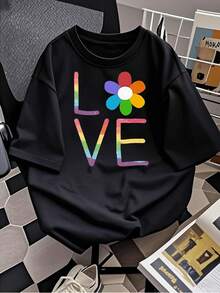 Vibrant Rainbow LOVE Flower Graphic Tee For Women, Soft Comfortable Short Sleeve Crew Neck Top, Lightweight Casual Everyday Fashion Printed Shirt For Ladies