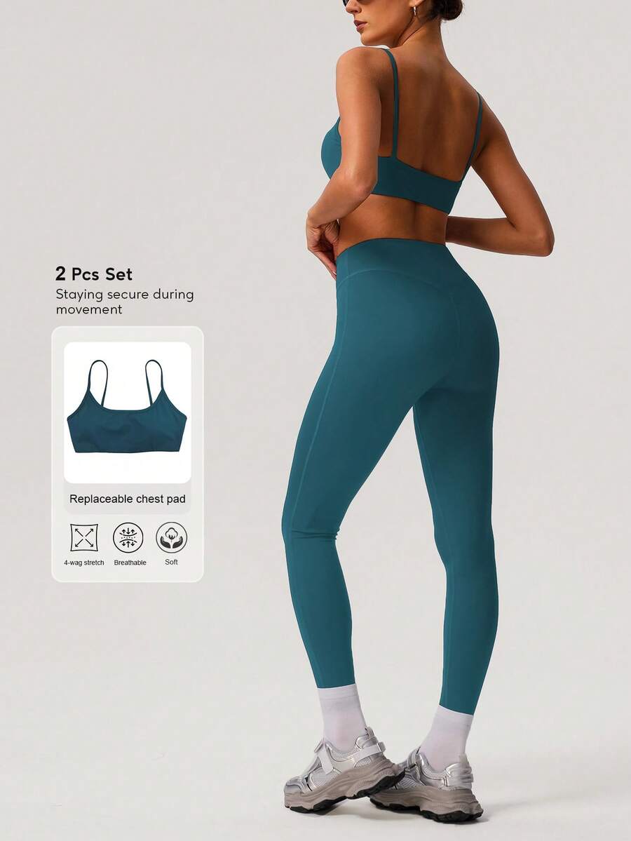 Women's Solid Color Thick Sports Bra & Yoga Leggings 2 Pieces Set, Minimalist Design For Fitness Training Summer - 寶藍色 - 查看 1