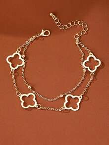 1pc Non-Fading Hollow Clover Four-Leg Chain, Fashionable Simple Elegant Charm Bracelet For Women, Party & Banquet Accessory Valentines - Double Gold - View 2