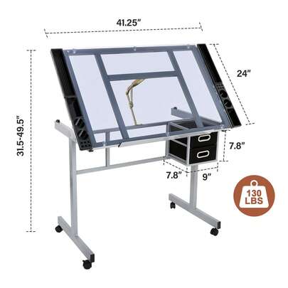Adjustable Rolling Drawing Drafting Table Tempered Glass Art Craft Work Station