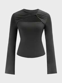 Blusa de punto de unicolor elegante y versátil con cuello asimétrico, abertura y manga acampanada para mujer, adecuada para salir de noche, vacaciones, boda, escuela, vacaciones, oficina, fiesta de cumpleaños, uso diario, Acción de Gracias, Año Nuevo, Día de San Valentín, manga larga - Gris Oscuro - Ver 7