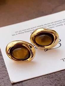 1 Pair Vintage French Style Round Faux Tiger Eye Stone Maillard Clip-On Earrings, Minimalist Geometric Design For Non-Pierced Ears - Yellow Gold - View 4