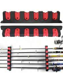 Porta Cañas de Pescar, Soporte para Caña de Pescar de Pared, Estante de Almacenamiento para Caña de Pescar, Estante para Caña de Pescar Montado en La pared, con Capacidad de 6 Cañas, Horizontal,Azul - Rojo - Ver 9