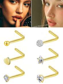 6pcs Cubic Zirconia Decorated Stainless Steel Nose Rings/Studs Set, Suitable For Daily Wear