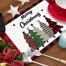1/25pcs Christmas Red, White & Black Plaid Bordered, Decorative Christmas Tree With Star Print Linen Table Runner, Suitable For Holiday Parties, Birthday Dinners, Kitchen & Dining Room Decor, Furniture & Home Textile Decoration. It Is A Multi-Purpose Home Decor Item Applicable For Various Seasons, Perfect For Party And Holiday Decorations, As Well As A Great Gift For Parents And Friends. - Multicolor - View 9