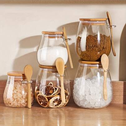 סט צנצנות זכוכית עגולות עם כף עץ - 350 מ"ל + 600 מ"ל + 1000 מ"ל | צנצנות תבלינים מזכוכית בורוסיליקט גבוהה, עמידות בחום וקור, לתבלינים, עלי תה, אגוזים, ממתקים, חטיפים, קפה ואחסון מזון
