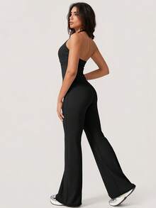 NcmRyu 1 Set Women's Sexy Halter Deep V-Neck Backless Crop Top And Flared Yoga Pants Activewear Set - Black - View 3