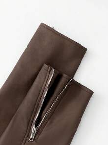 Women's Casual Vintage Diagonal-Zip Faux Leather (PU) Lapel Cropped Jacket For Autumn & Winter - Mocha Brown - View 5