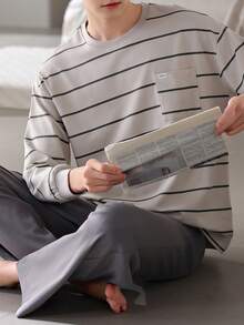 AICJ 2pcs Men's Casual Loose Striped Crew Neck Long Sleeve Pullover Top And Long Pants Pajama Set, Suitable For Party, Home, Travel, Spring, Autumn, Winter, Fall Clothes