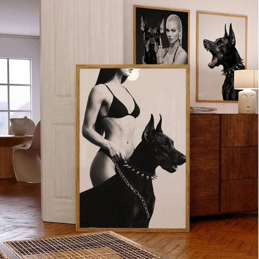1 pieza Impresión sin marco de modelo de moda en blanco y negro y Doberman, arte de pared urbano con estética de estilo callejero, póster moderno vintage para dormitorio, sala de estar, regalo de retrato de animal monocromo, decoración de habitación Funkyposters
