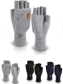 3 双装男女通用冬季露指手套 - 带翻边的羊毛半指手套，保暖针织，御寒保暖