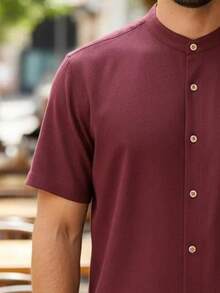 Men's Short Sleeve Shirt With Priest Collar, Lightweight, Work And Leisure - Purple - View 3