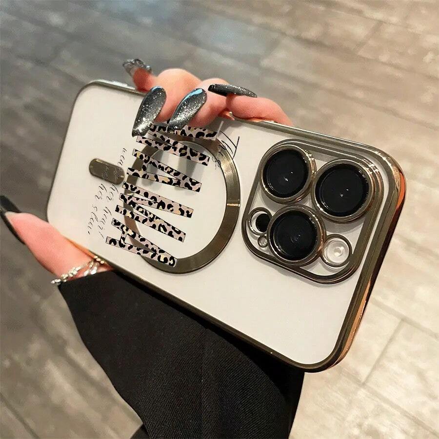 Teléfono con lente magnética y acabado electrochapado, diseño "Letter Print". Compatible con carga inalámbrica magnética y compatible con phone 16 Pro Max, 16, 15 Pro, 14, 14 Plus/14 Pro Max, 13, 13 Pro, 12 Pro, 11/11 Pro y la serie Pro. Es un excelente teléfono para amigos, cumpleaños y festividades. - Dorado - Ver 1