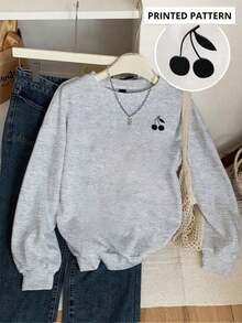 Sudadera Con Cuello Redondo Y Manga Larga Con Estampado De Little Cherry Pequeñas Cerezas, Sudadera Unisex Estampada Para Hombre Y Mujer Ideal Para Uso Diario, Para Todo El Año. - Gris - Ver 1