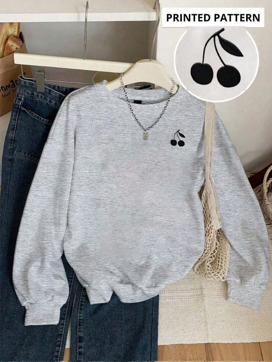 Sudadera Con Cuello Redondo Y Manga Larga Con Estampado De Little Cherry Pequeñas Cerezas, Sudadera Unisex Estampada Para Hombre Y Mujer Ideal Para Uso Diario, Para Todo El Año. - Gris - Ver 1