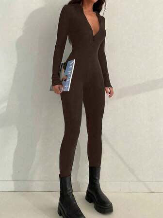 Casual Sports Versatile Zipper Design Round Neck Slim Jumpsuit, New Autumn Collection