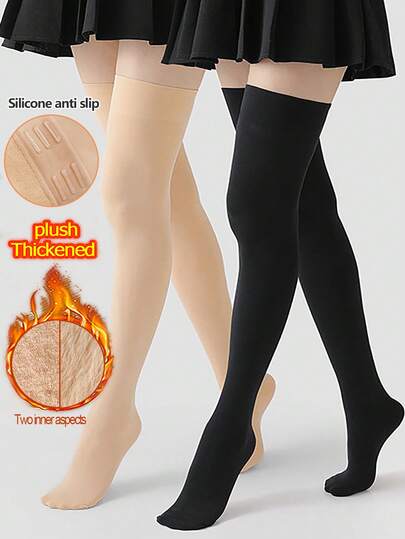 1pair Black/Thick Plush Silicone Anti-Slip Gel Socks High Knee-Length Warm Socks For Women With Slimming And Lengthening Effects, Thermal Velvet, Autumn And Winter, Cozy
