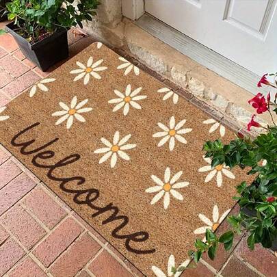 1pc Floral Welcome Doormat, Suitable For Entryway, Hallway, Kitchen, Laundry Room, Bedroom - Beige With White Daisy Pattern, Perfect Home Decor, Suitable For Holidays And Everyday Use, Bedroom Welcome Mat | Floral Pattern Mat | Front Door Entrance Mat