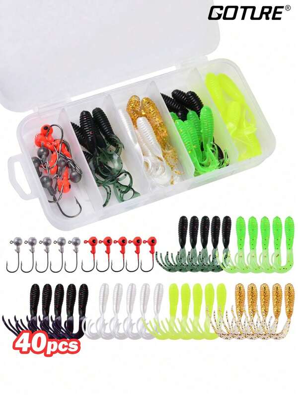 GOTURE 40 قطعة طعم صيد بلاستيكي ناعم مع رأس رصاصي وخطاف جيج، طعوم سمك مائية عذبة ذيل سويمبيت مع صندوق أدوات للقراميط والشبوط