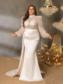 Plus Size Women's Elegant High Neck Mermaid Evening Gown, Featuring Pearl-Embellished Bell Sleeves And Sheer Mesh Backless Design, Luxurious Formal Dress With Striking Fish Tail Train, Suitable For Black Tie Galas, Wedding Guest Attire, Mother Of The Bride Dress, Red Carpet Events, And Formal Dinners. - Champagne - View 9